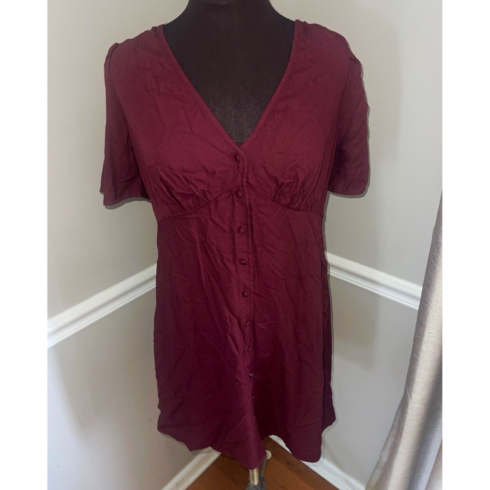 Old Navy Burgundy Solid V-Neck Button Front Short Sleeve Shirt Dress Sz M
